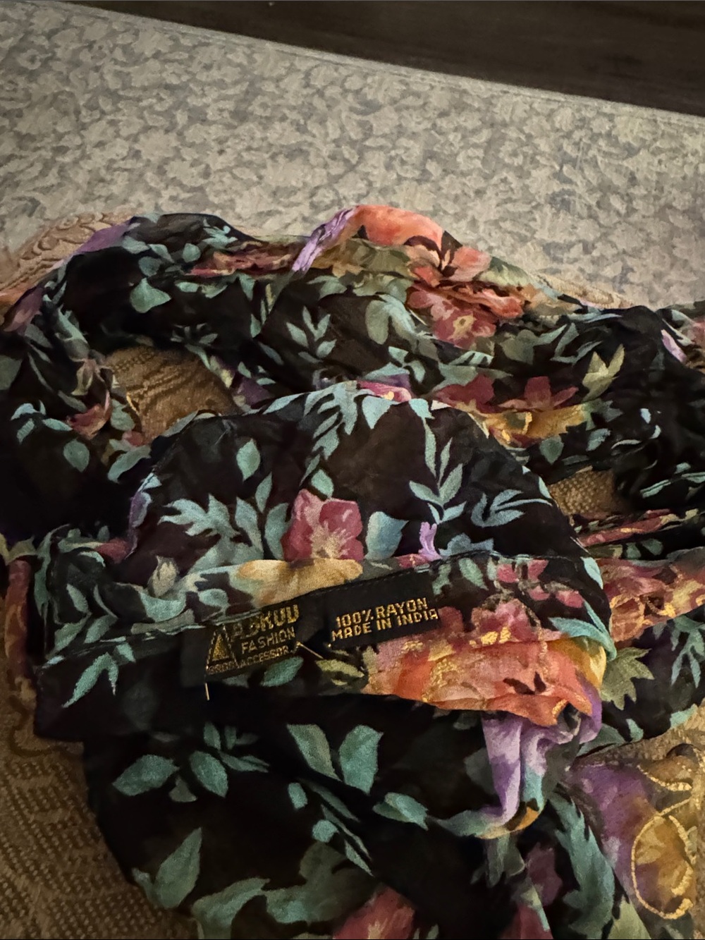 Black Floral Rayon Scarf - Multicolor Garden Print